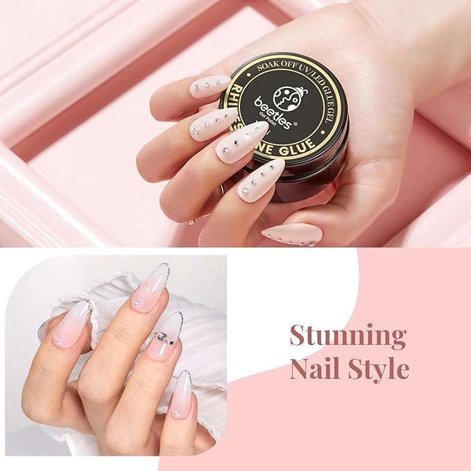 Beetles Rhinestone Glue for Nails with 2 Dual Purpose Brush Pen, 1Pcs 15ml Nail Glue for Nail Art Adhesive Resin Gems Diamonds Jewelry Decoration Soak Off Led Lamp Nails Gifts for Women