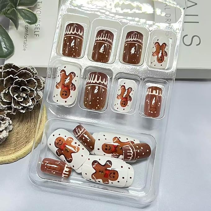 Christmas Press on Nails Short Square Fake Nail with Gingerbread Man Designs Brown Xmas False Nails Glossy Full Cover Winter Stick on Nail for Women 24 Pcs