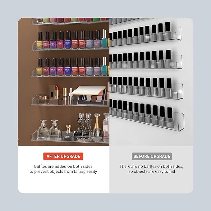 24 Inch Clear Nail Polish Wall Rack with Removable End Caps Set of 6, Acrylic Nail Polish Organizer Wall Mounted,Nail Polish Sorage Shelves for 150 Bottles (24 Inch)