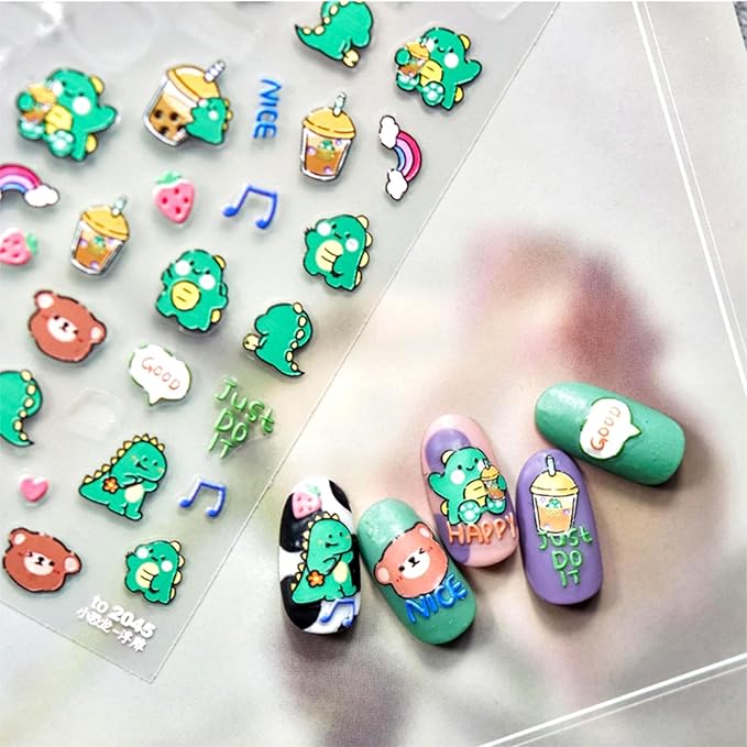 Dedyel 5D Embossed Cute Dinosaur Nail Art Stickers Cartoon Kawaii Design Anime Self Adhesive Nail Stickers for Women Kids Girls Nails Art Decorations