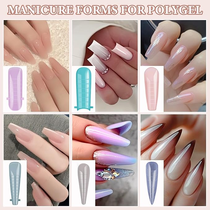 288Pcs Polygel Nail Form Kit 12 Color 12 Sizes Reusable Nail Extension Mold Dual Forms with 6Pcs Nail Clips, Dual-Head Brush Pen, Nail File & Cuticle Pusher for Beginners