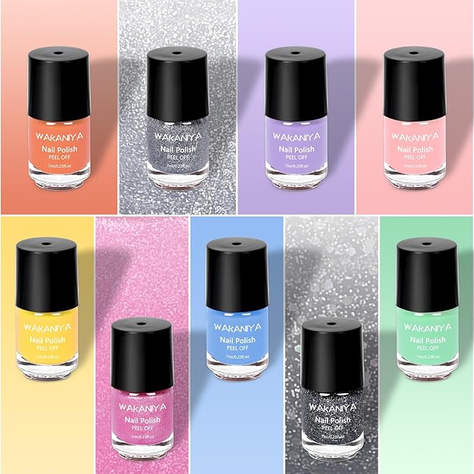 Quick Dry Kids Nail Polish Set for Girls, Non-Toxic Toddler Water-Based Nail Polish Kit with Gems Stickers 9 Colors Peelable Fingernail Set for Ages 3+