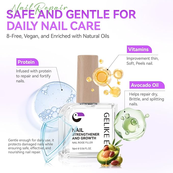 Gelike EC Nail Strengthener and Hardener Polish: Milky Pink Fast Dry Nail Growth Treatment Ridge Filler for Peeling and Weak Nails Long Lasting High Shine Finish for Women Home DIY
