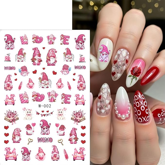 6 Sheets Valentines Day Nail Art Sticker 3D Self-Adhesive Pink Heart Nail Stickers Angel Bear Couple Bow Rose Romantic Design Cute Love Nail Decals Nail Art Supplies for Acrylic Manicure Decorations
