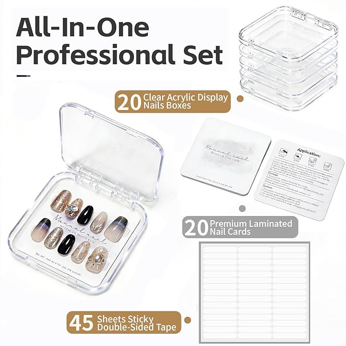 20 Pack Press on Nail Packaging Kit - Clear Press on Nail Boxes with Cards and Adhesive Tape, Professional Nail Case for Small Business and Storage DIY Nail Projects