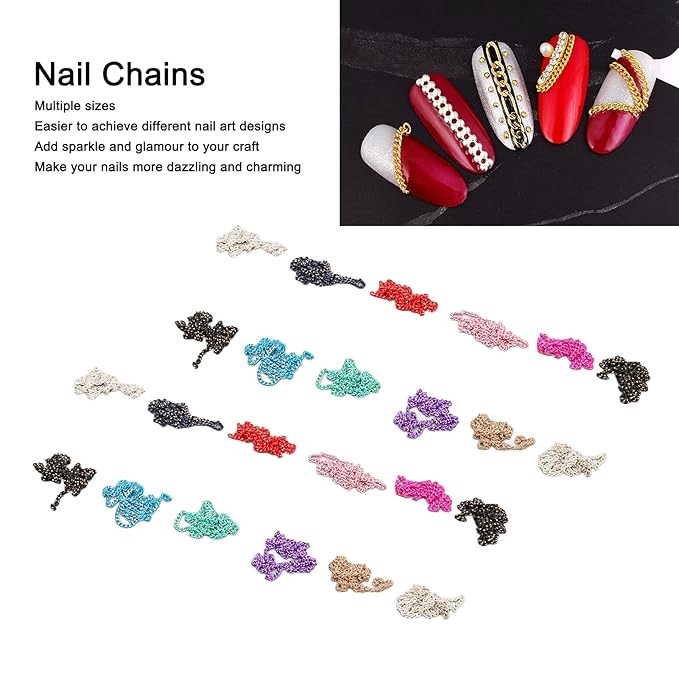 3D Mix Nail Chains, 3D Colorful Nail Charms, 24 Strips Nail Jewelry Metal Punk Nail Chains With Case, Nail Chain Decorations for Nail Art Chains DIY Design