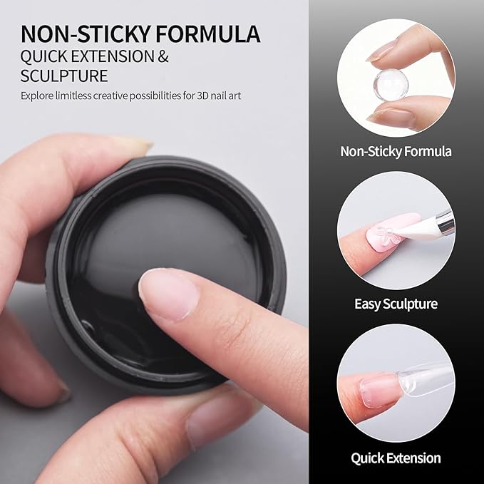 3D Gel Nail Art Kit-Black Solid Builder Gel for Nails 3D Sculpting Carving Building Modeling Hard Extension for Beginner DIY Salon at Home Cured Needed