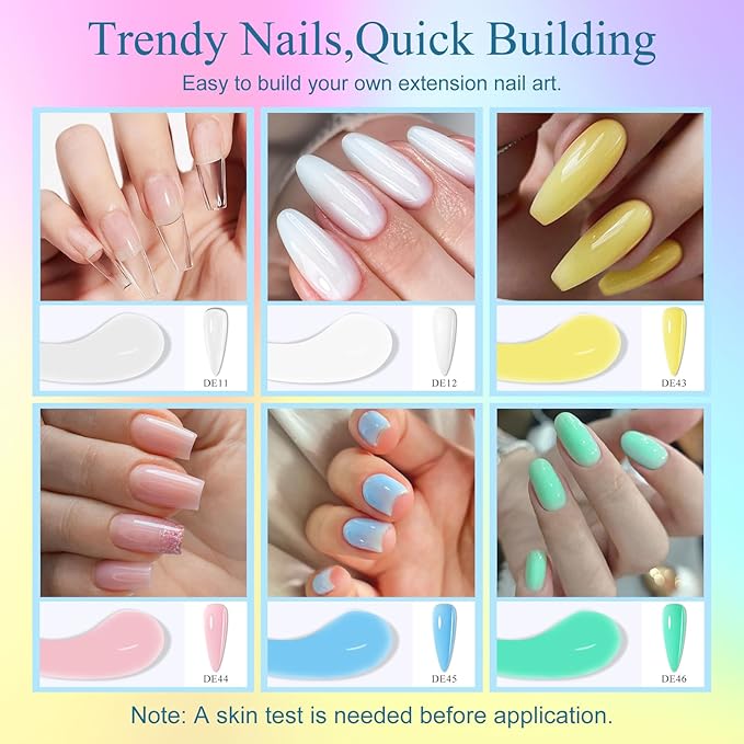MTSSII 13Pcs Poly Gel Nail Kit Light Yellow Green Sky Blue Pink Gel Extension Nail Starter Kit with Slip Solution, Mini Nail Lamp, Nail File, Dual-Ended Brush for Women Girls at Home DIY 6 Colors