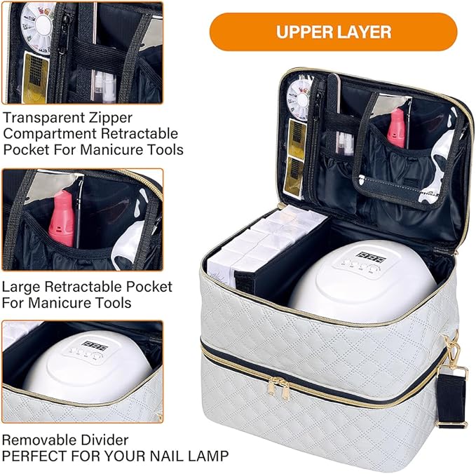 Nail Polish Organizer Case Holds 40 Bottles(15ml/0.5fl.oz) and Nail Lamp, Double Layer Nail Polish Storage with Adjustable Dividers,Portable Carrying Bag for Nail Kit, Manicure Tools Beige