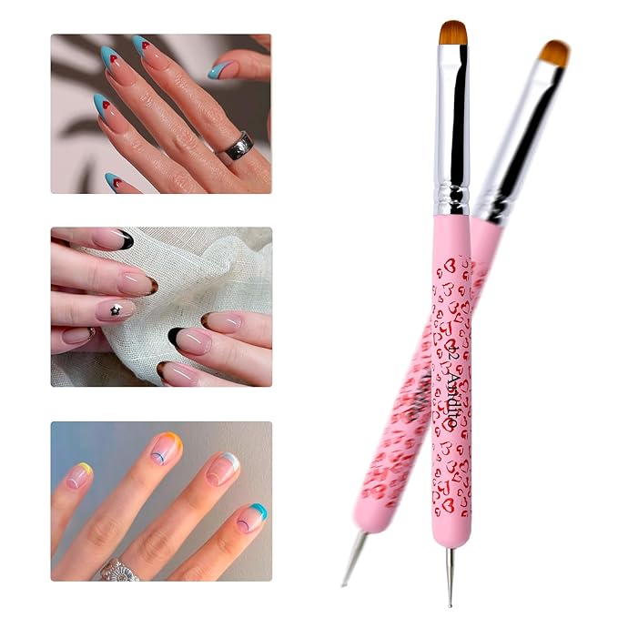 4Pcs Professional Acrylic French Manicure Clean-Up Brushes & Dotting Pens - Pink Heart Handles, Precision Tips (#10#12#14#16) for Nail Art, Cuticle Care (pink)