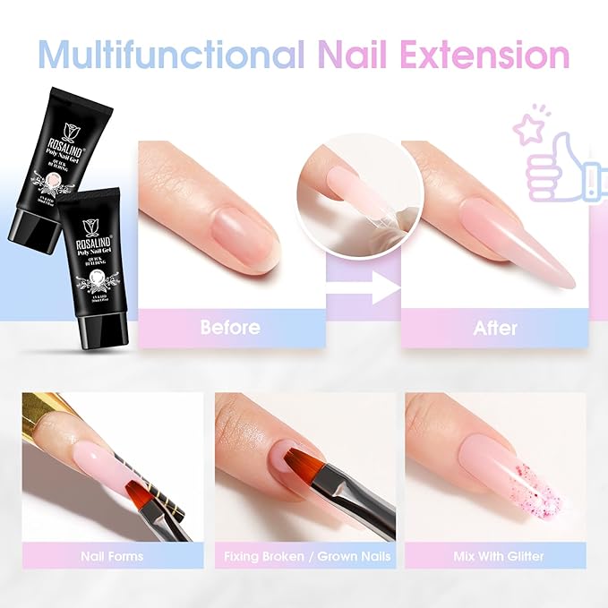 ROSALIND Soft Pink&White Poly Extension Gel for Nails, 2 PCS 1oz/30ml White Poly Nail Gel Light Pink Poly Builder Acrylic Extension, Poly Nail Colors in Tube