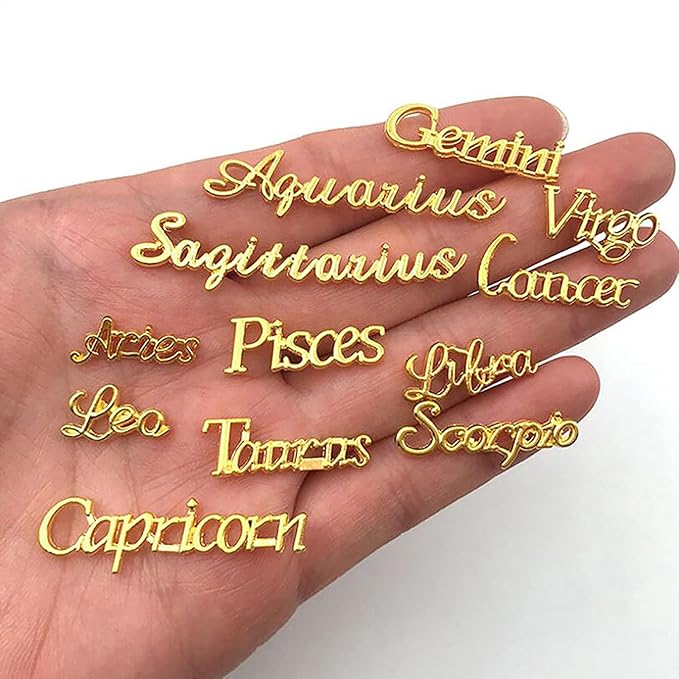 48 Pieces Gold and Silver Alloy Zodiac Nail Charms Zodiac Signs Nail Studs Constellation Words Charms for Nails Twelve Constellation Nail Charms Set for Women Girls Nail Art Decoration