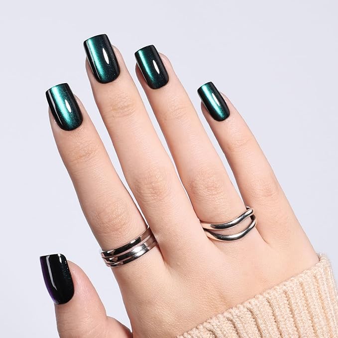 Cat Eye Press On Nails - Short Square Deep Green Nails Press Ons for Women DIY Glossy Fake Nails Kit with Glue, Reusable Soft Gel Glue on Nails Short in 16 Sizes - 32pcs, Emerald Mirage