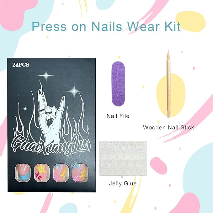 Multicolor Star Press on Nails Short Oval Fake Nails with Starfish Design Blue French Tip False Nail Glossy Full Cover Acrylic Spring Summer Stick on Nail for Women 24Pcs