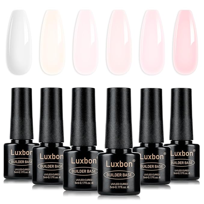 Luxbon 7 IN 1 Builder Base Color Gel Nail Polish Set, 6 Colors Nail Extension Enhancement Nude Gel Polish Pink Peach Nail Polish for Nails UV LED Soak Off Nail Art Design Gifts for Women Kit 010