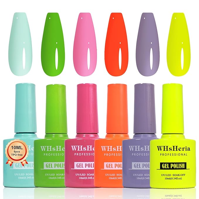 TPO Free Gel Nail Polish Set，6pcs 10ml Summer Party Bright Pink Light Purple Green Red Long-lasting Soak off LED/UV Light Suit Give it to Women as a Gift for Daily Life at Home (119-D)