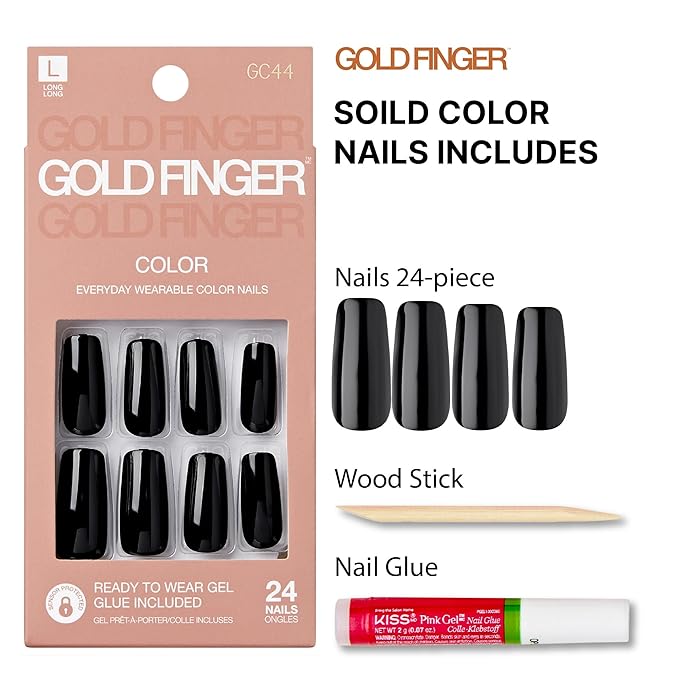 GoldFinger False Nails Kit, Ready to Wear Black Fake Nails, Manicure Stick and Glue Included, Long Squoval Shape, Long-Lasting Hottest Trend Glue on Nails, Convenient & Easy to Apply, All Occasions
