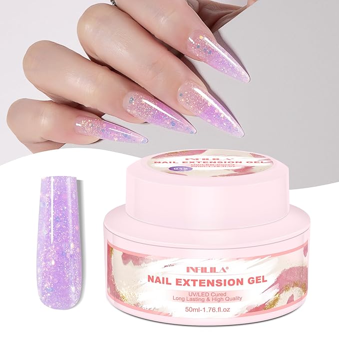 NXJ INFILILA Glitter Poly Nail Gel, Purple Colors Poly Extension Gel Nail Enhancement, Thickening Glossy Builder Home DIY Salon Use for Girls UV/LED Nail Lamp Required P12