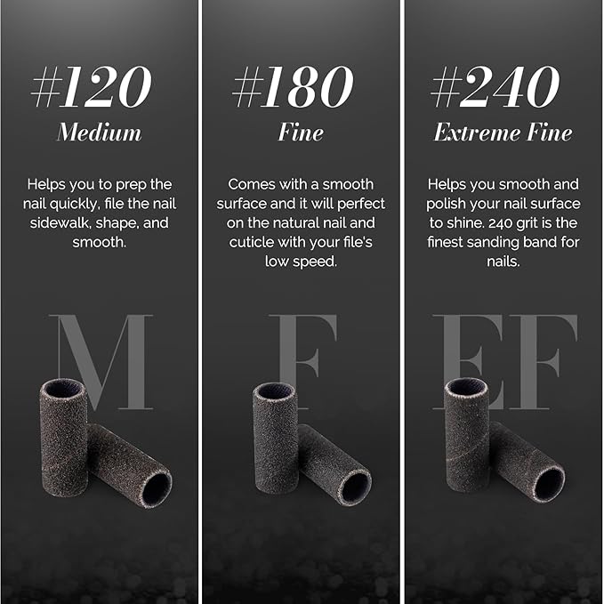 MelodySusie 50 Pcs Nail Drill Bits Super Long Sanding Bands with 6.65mm Crystal Mandrel Bit, 180 Fine Grit Nail File for Acrylic Nails Gel Manicures and Pedicure, Black