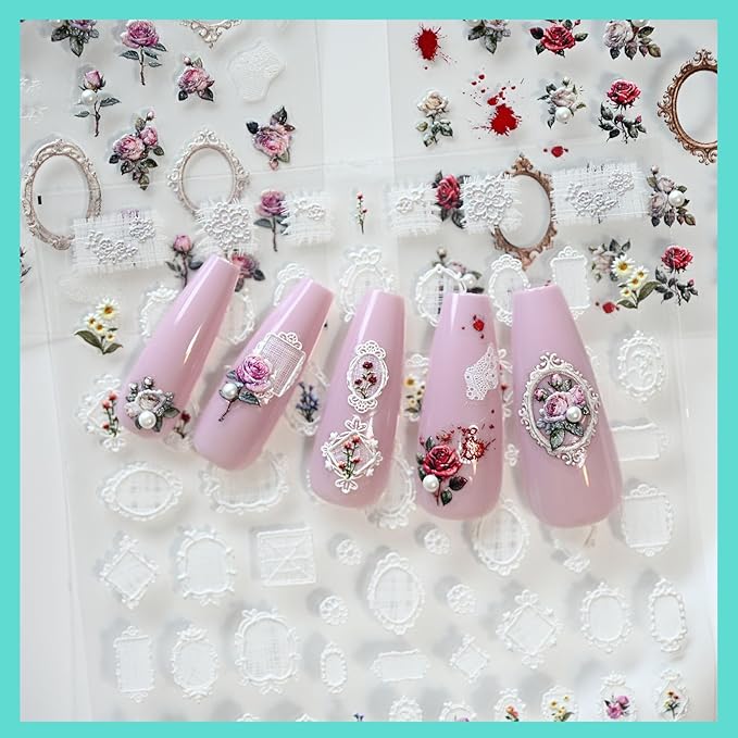 Rose Flower Frame Nail Art Stickers Pearl Rhinestones Embossed Vintage Nail Decals for Nail Art Design Self-Adhesive Nail Accessories for Women Nail Art Supplies 3 Sheets