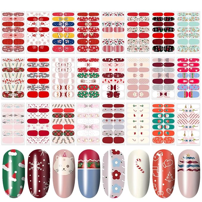 336 Pieces 24 Sheets Christmas Nail Stickers Adhesive Nail Wraps Nail Art Stickers Full Wraps Nail Polish Stickers for Women with Nail File, Cuticle Stick(Cute Series)