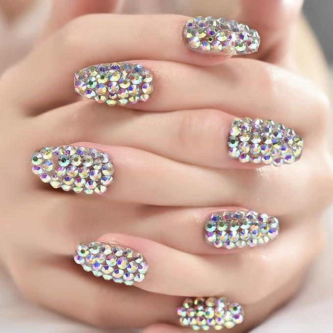 Handmade 24pcs Full 3D Rhinestone Press on False Nails Medium length Coffin Fake Nails Salon DIY Manicure Reusable Acrylic Shiny Crystal Nail Art Tips Gift for Women Girls