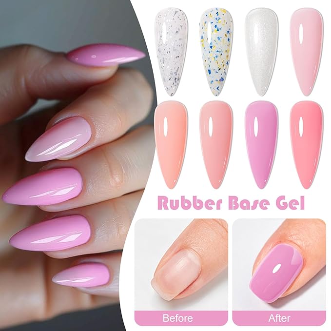 MEET ACROSS 12 Pcs Color Base Gel Nail Polish, 8 Colors Nude Pink Gel Polish Set Neutral Gold Foil Base Coat 3 in 1 Builder Base for Nail Strengthener Soak Off Nail Art for Women