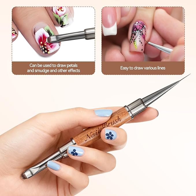 Acrylic Nail Brush,Double-ended Nail Brush French Tip Brush,Nail Art Painting Brush for Long Lines,Thin Details, Fine Drawing,Builder Gel,Polygel (Short square round brush+8mm Line brush)