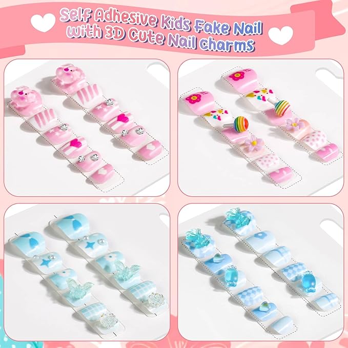 Extra Small Press on Nails for Little Girls, Thrilez Mini Fake Nails Kids Stick On Nail Tips Short Cute Acrylic Nails for Girls 7-10 Gifts