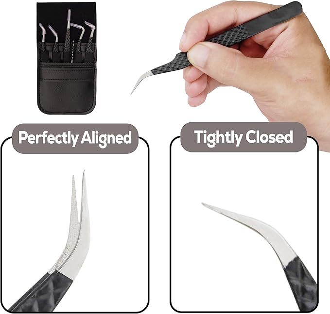 5-Piece Eyelash Extension Tweezers Set Precision Lash Tweezers with Anti-Slip Grip with fiber tip lash tweezers Tools for Lash Artists & eyelash tweezers for women (eyelash set black)