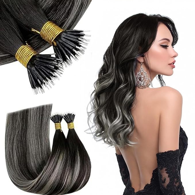 RUNATURE Silver Balayage Nano Hair Extensions Human Hair Black, Medium-Length Hair, Add Hair Volume for Women, Cold Fusion, Can Be Curled, Nano Tip Hair Extensions Full Ends, Easy to Maintain