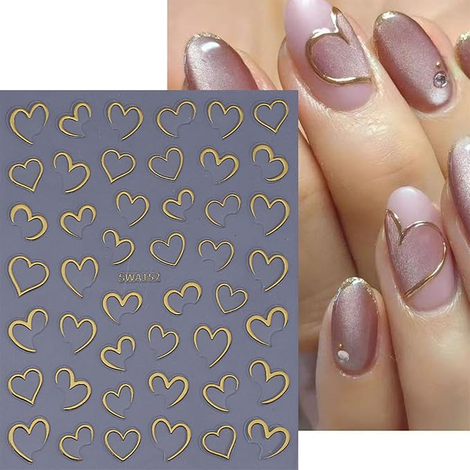 4 Sheets Valentines Nail Stickers for Nail Art 3D Self-Adhesive Gold Silvery Heart Nail Art Stickers Rose Red Holiday Nail Decals Romantic Heart Line Nail Art Supplies Design for Women Girls