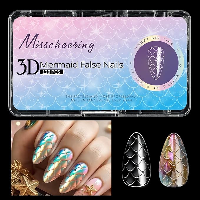 3D Diamond Shaped Polygel Nail, Extension Clear Full Cover False Nail Tips, Hybrid Gel Acrylic Nail, Diamond Fake Nails, 14 Sizes Building Artificial Press on Nail (Fish Scales 1, 120pcs)