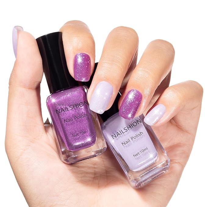 Purple Sparkle Nail Polish, Mermaid Shimmer Shades Classic Fingernail Toenail Polish Duo, Caster Oil Enriched, Non-Gel, Vegan, Opaque, Quick Dry Lilac Glitter DIY Nail Art