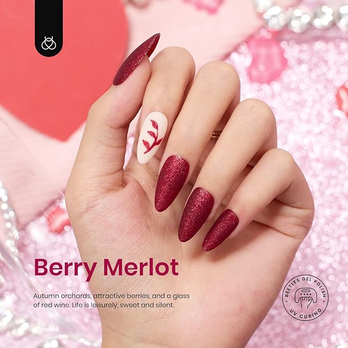 beetles Burgundy Gel Polish Set - Berry Merlot 6 Colors Plum Gel Polish, Cherry Mocha Red Glitter Dark Purple Wine Nails Color, U V LED Soak Off Home DIY Manicure Nail Salon
