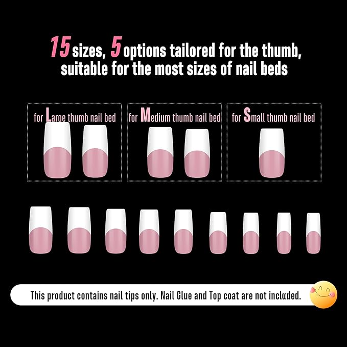 NOVO OVO Old School Wide White French Tip Nail Tips Press on, Medium Length Tapered Square BERRY PINK, Extra Thick Soft Gel Fake Acrylic Extension, Need Builder Gel, Top Coat, Glue 15 Sizes 240 pcs