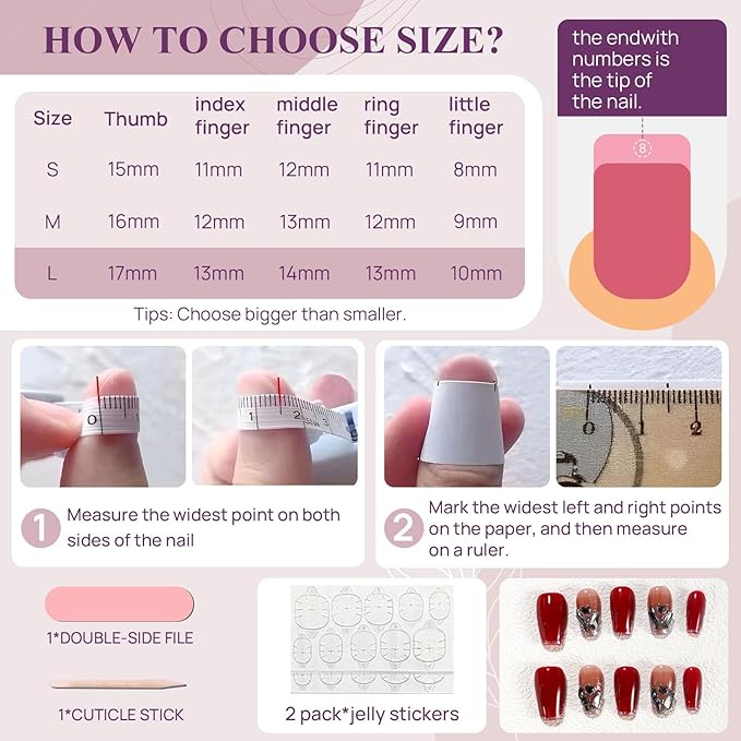 Fake Nails Set Red Medium Square Bling Glossy Rhinestone False Nail Tips, Press On Nails, Artificial Art Nails Finger Manicure for Women and Girls(CDJ0002-L)