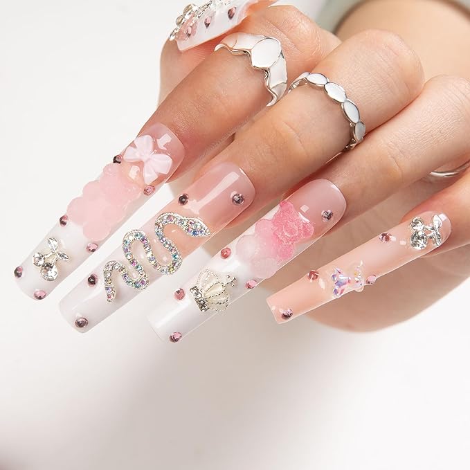 LOVFUL Press on Nails Marshmallo Gummy Bear Square | Luxury Diamond Pink Cotton Candy Nails| Pink Nails | Square Long 2.2 in | H26 (L)