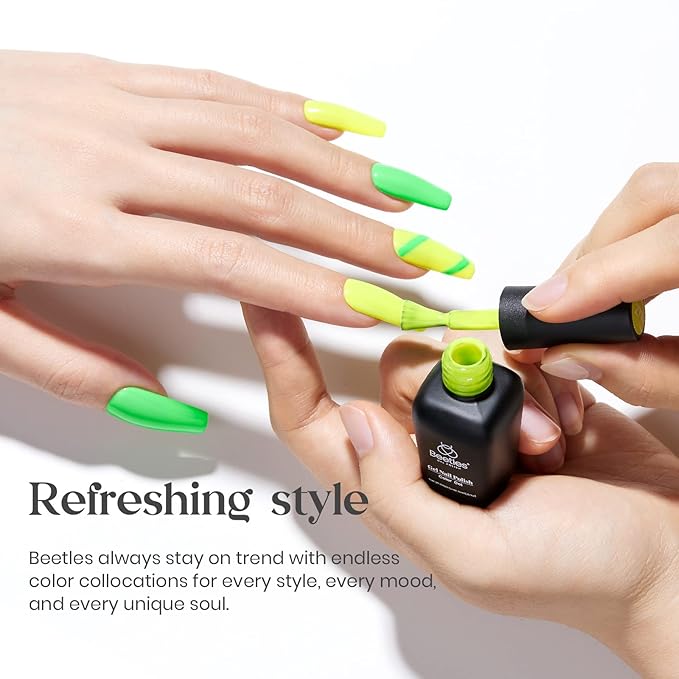 Beetles Neon Gel Nail Polish Set - Dopamine Pleasure 6 Colors Neon Gel Polish, Orange Hot Pink Blue Yellow Green Purple Soak Off Uv Led Spring Nails Art Manicure for Women