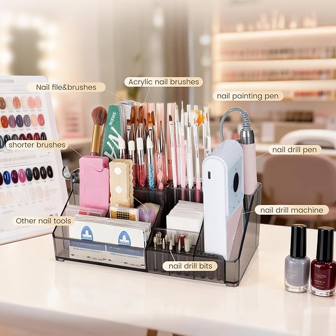 Acrylic Nail Drill Holder Stand- 13 Holes Nail Drill Bits Holder & 40 Holes Nail Pen Brushes Tools Organizer- Professional Nail Desk Organizer Case Storage Box for Manicure Tools
