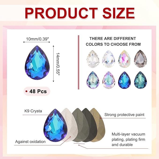 MECCANIXITY 48 Pcs 3D Teardrop Rhinestones Diamond Nail Charm Crystal Pointback K9 Glass Rhinestones Crystal Gems for Jewelry Making, Craft, 10x14mm, Dark Blue
