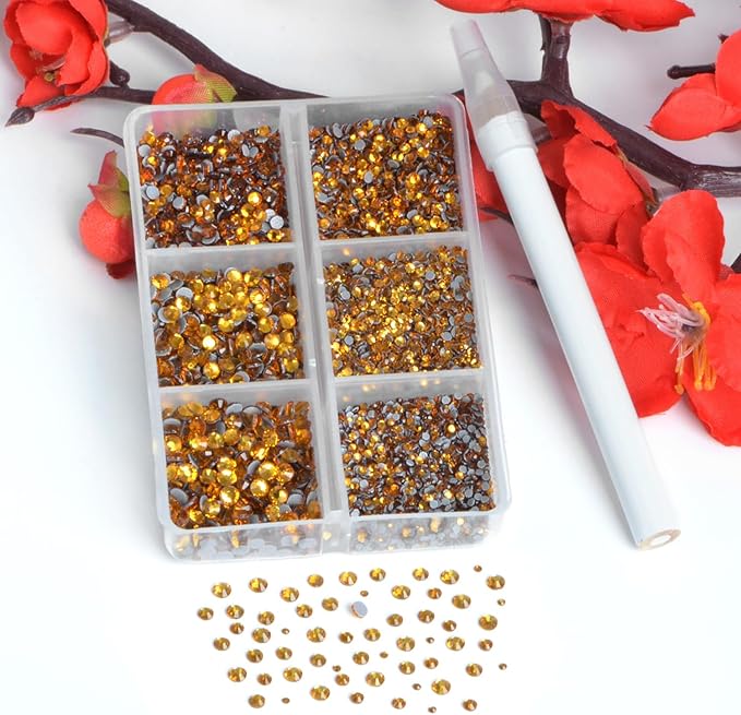 Bymitel Hotfix Crystal Rhinestones Round Gems for Crafts,Mixed 6 Sizes with Wax Pencil Kit, Topaz1.3-3.2mm(SS3-SS12/8000pcs)
