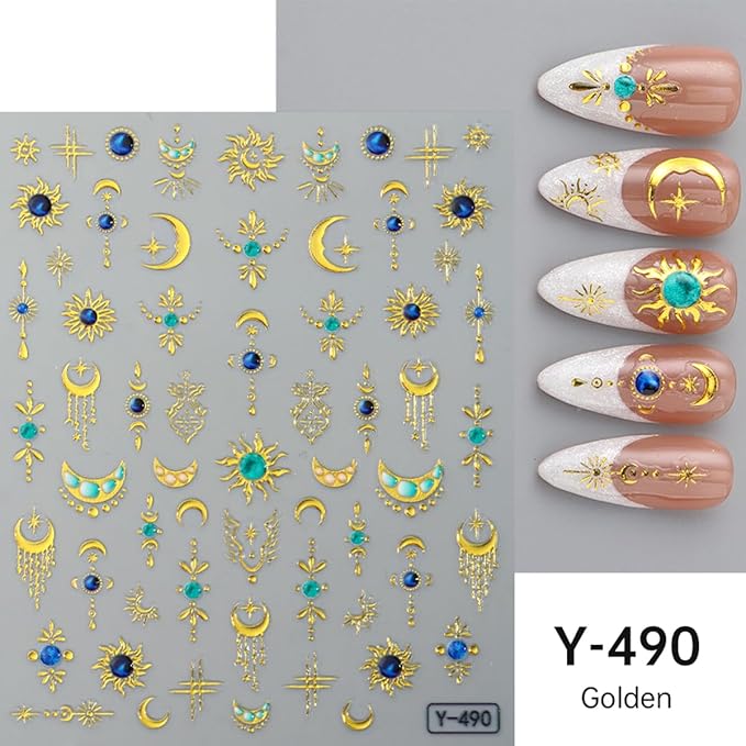 4 Sheets Boho Nail Stickers for Nail Art 5D Embossed Sun Moon Star Nail Decals Gold Silver Stickers with Bohemia Style Design,3D Self Adhesive Nail Art Supplies for Women,DIY Manicure Decor