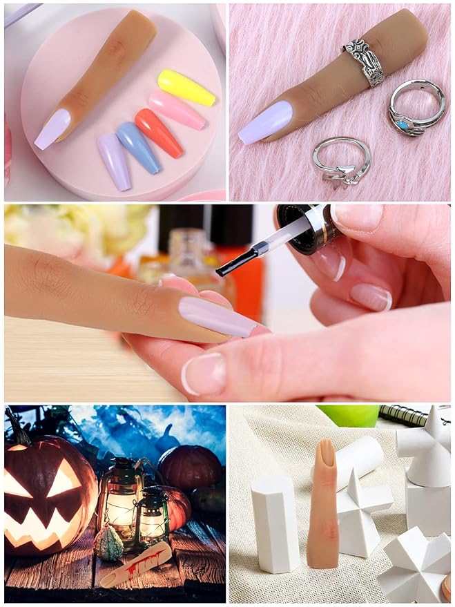 2 Pieces Silicone Practice Fingers for Acrylic Nails, Fake Training Hand Finger Model Flexible Bendable Mannequin Finger, Soft Realistic Joint Nail Practice Fingers with Makeup for Nail Art (Color 4)