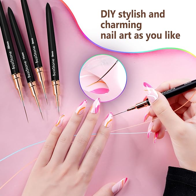Nail Art Liner Brushes, 5Pcs Professional Gel Polish Painting Art Design Pen Set for Long Lines, Thin Details, Fine Drawing Sizes 5/7/9/11/20mm Nail Art Design Gift for Women(Black)