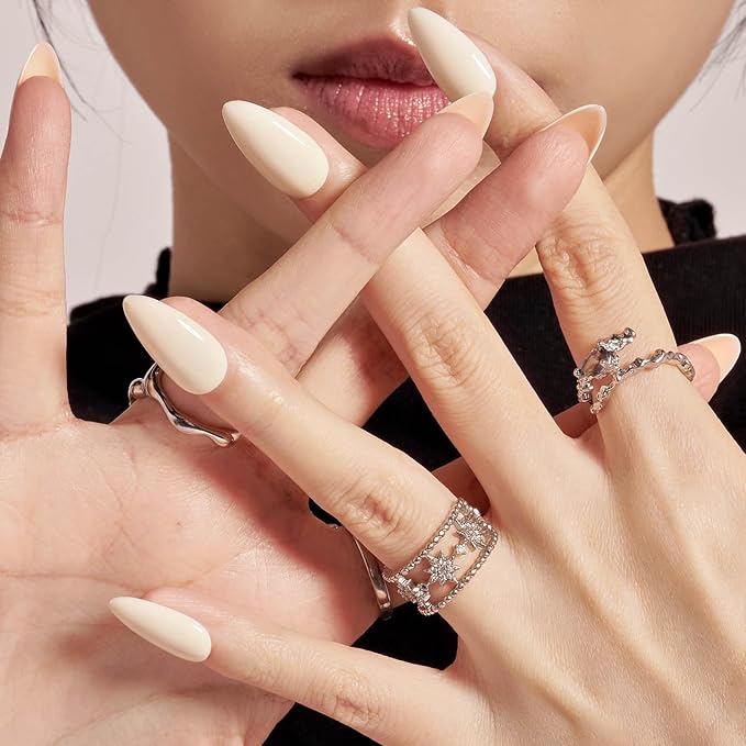 GLAMERMAID White Press on Nails Medium Almond, Handmade Milky Cream White Neutral Jelly Sofy Gel Glue on Nail Stiletto, Glossy Fake Nails Short Oval，Reusable Acrylic Stick on False Nail Kits for Women
