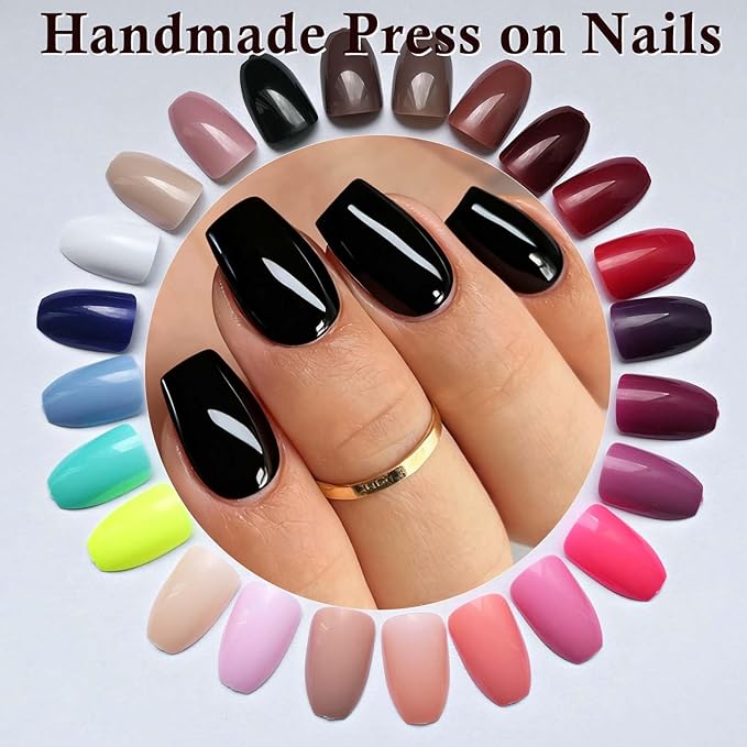 LoveOurHome 576pc Coffin Press on Nails Short Fake Nails Full Cover Colored Artificial Fingernails Ballerina False Acrylic Nail Tips 24 Glossy Colors Press on Nails for Women Girls