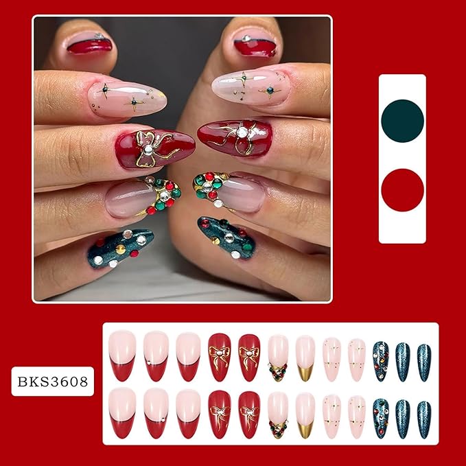 Christmas Press on Nails Almond Fake Nails Medium Artificial Nail Stick on Nail for Women 24pcs