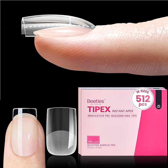 Beetles Tipex Instant Apex Nail Tips-Extra Short Square Pre-Building & Pre-Etched Strong Thick Acrylic,16 Sizes, Press on Nails 512 Pieces