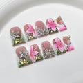 Handmade French Tip Press on Nails Short Duck 3D Thick Acrylic Nails Luxury False Nails with Rhinestones Flower Designs Pink Floral Fake Nail Sturdy Art Press on Nail 10Pcs(S)